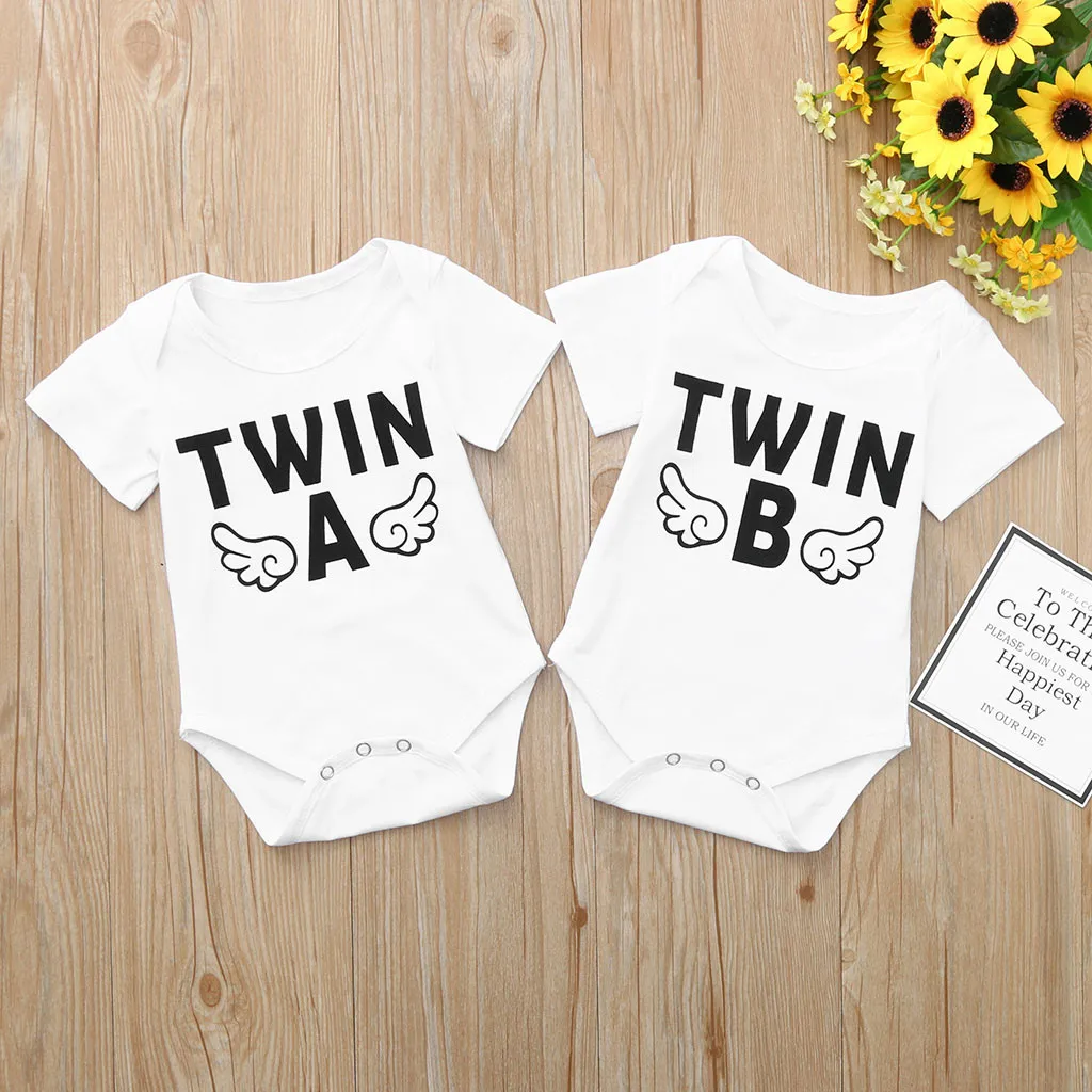 Детский комбинезон для мальчиков и девочек с коротким рукавом надписью Twins