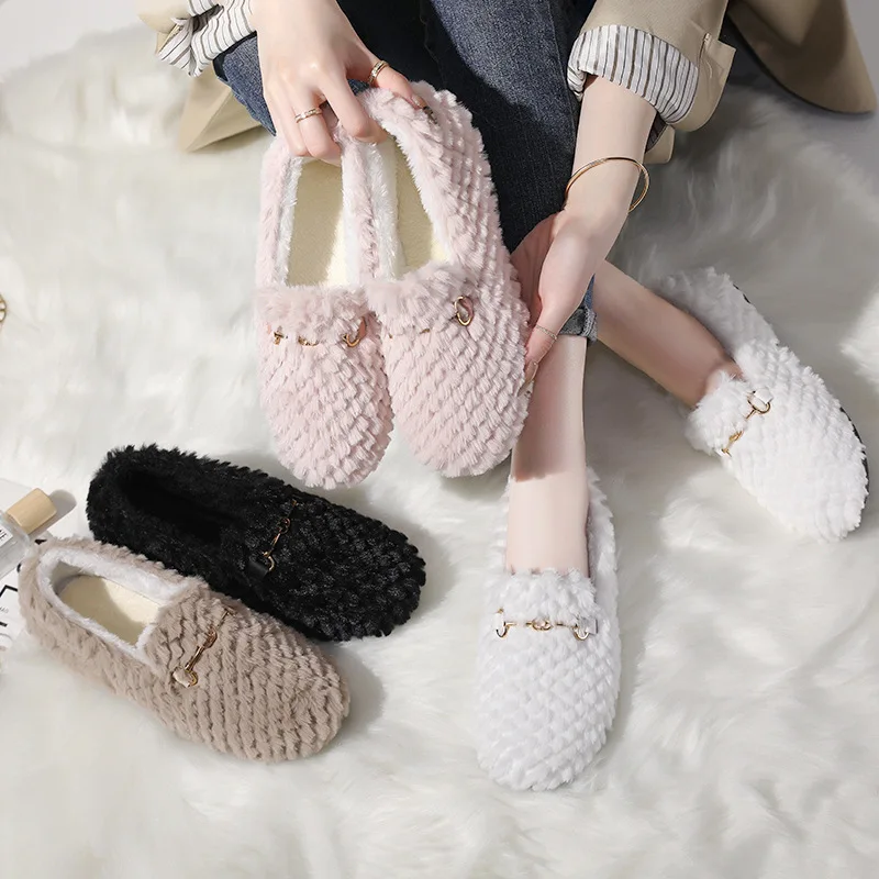 

Winter Hot Sale Ladies Plush Flat Shoes Winter Warm Non-slip Moccasin Shoes Ladies Non-slip Shoes Loafers Furry Cute Peas Shoes
