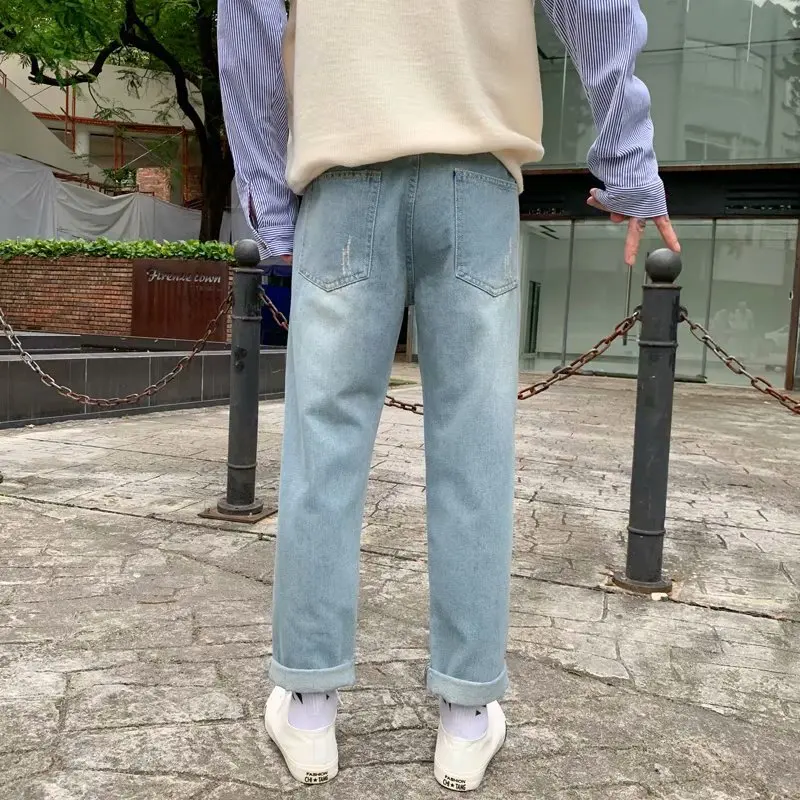 

Summer Autumn 2019 Men's Jeans Fashion Classic Straight Loose Blue Stretch Ripped Denim Trousers for Men Plus Size