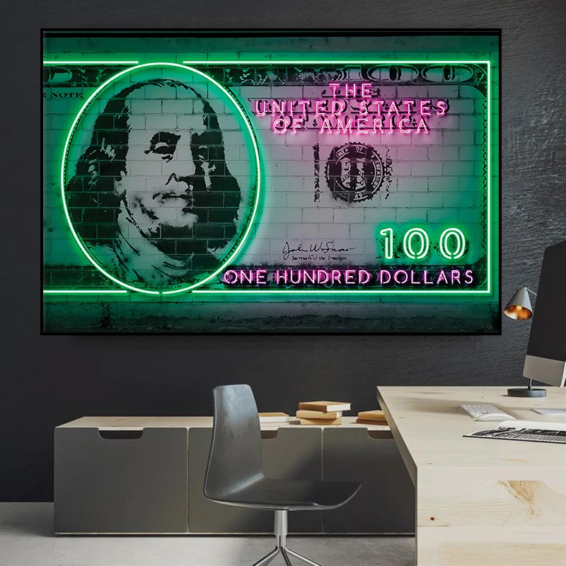 Motivational Dollar Neon Lights Posters and Prints Abstract 5/20/50/100 Canvas Painting Wall Art for Bedroom Office Decor | Дом и сад