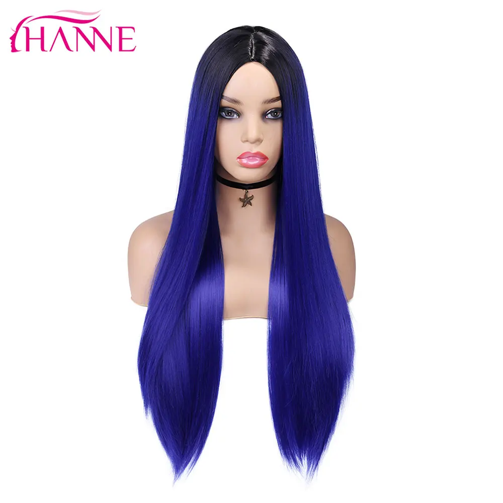 

HANNE Blue/Red/Green/Purple Long Straight Party Wig For Black/White Women Heat Resistant Fiber Natural Looking Hair