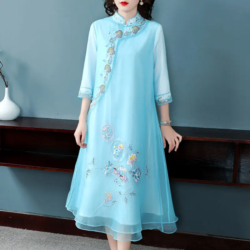 

Chinese New Style Cheongsam Improved Floral Dress Retro Embroidery National Women Qipao Dress Loose Vintage Dress Quality