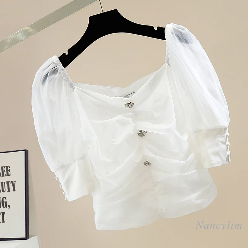 Chemise courte à manches bouffantes plissées et à col carré pour femmes, vêtement amincissant, De couleur blanche et noire