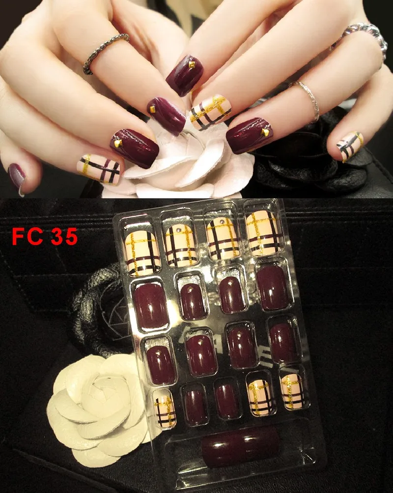 FC 35 24 шт./компл. элегантные накладные ногти черный, белый цвет полоса Цвет микс шикарные короткие накладные ногти для ног с жемчужные стразы квадратные акриловые накладные ногти - Цвет: FC 35