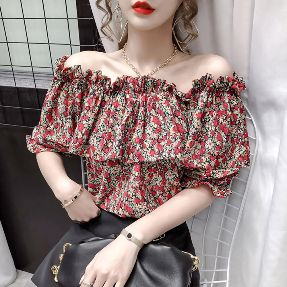 Женская шифоновая блузка с оборками и открытыми плечами летняя модная пикантная