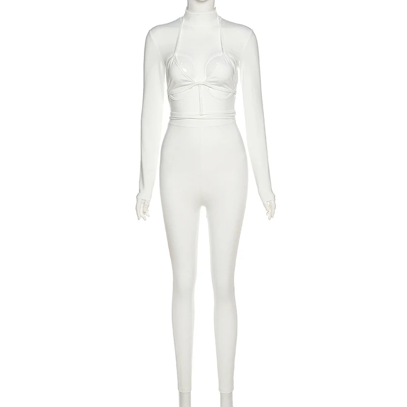 

Bandage Hollow Out Long Sleeve Skinny Rompers Womens Jumpsuit Fashion Sporty Workout Active Wear White Autumn Jumpsuits