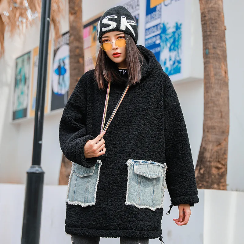 

Korean Styles Color Patchwork Tops Large Size Warm Hoodies Women's Thickened Fleece Loose Long Sleeve Pullover New Winter