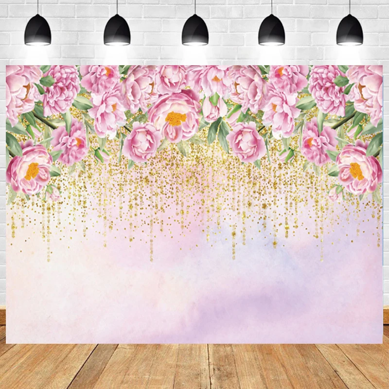 

Happy Birthday Backdrop Flower Shiny Gold Dots Photography Background Baby Girl Women Photocall Custom Banner Home Party Decor