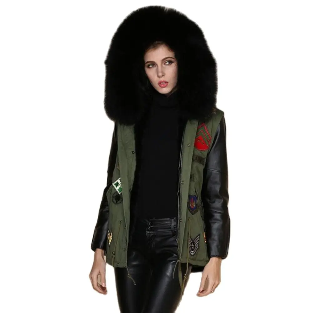 Top women's real raccoon large fur coat Full lining of black faux Army Green mr mrs Jackets Leather Unisex | Женская одежда