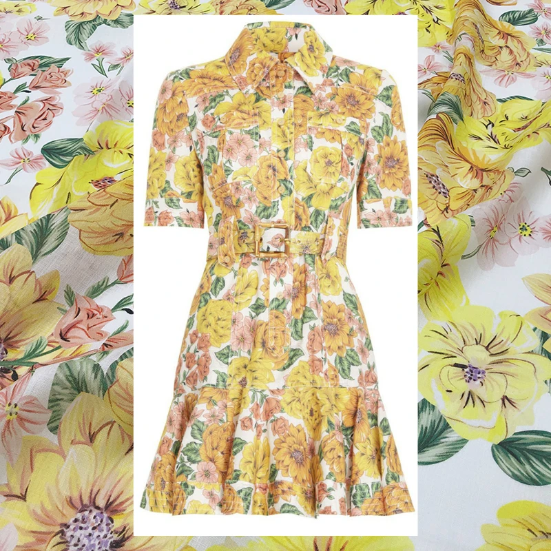 Ярко желтая ткань из натурального льна с цветочным принтом модная дышащая