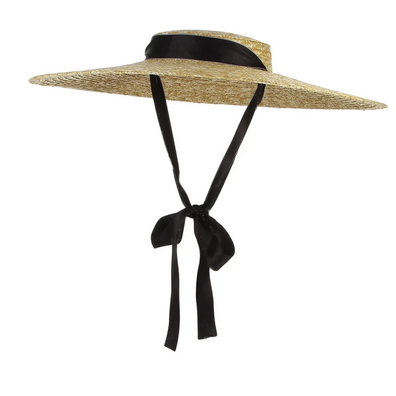 

Summer Big Natural Wheat Straw Hats For Women Handmad Wide Brim Beach Visor Caps Elegant Flat Top Long Ribbon Lace-Up Sun Hat