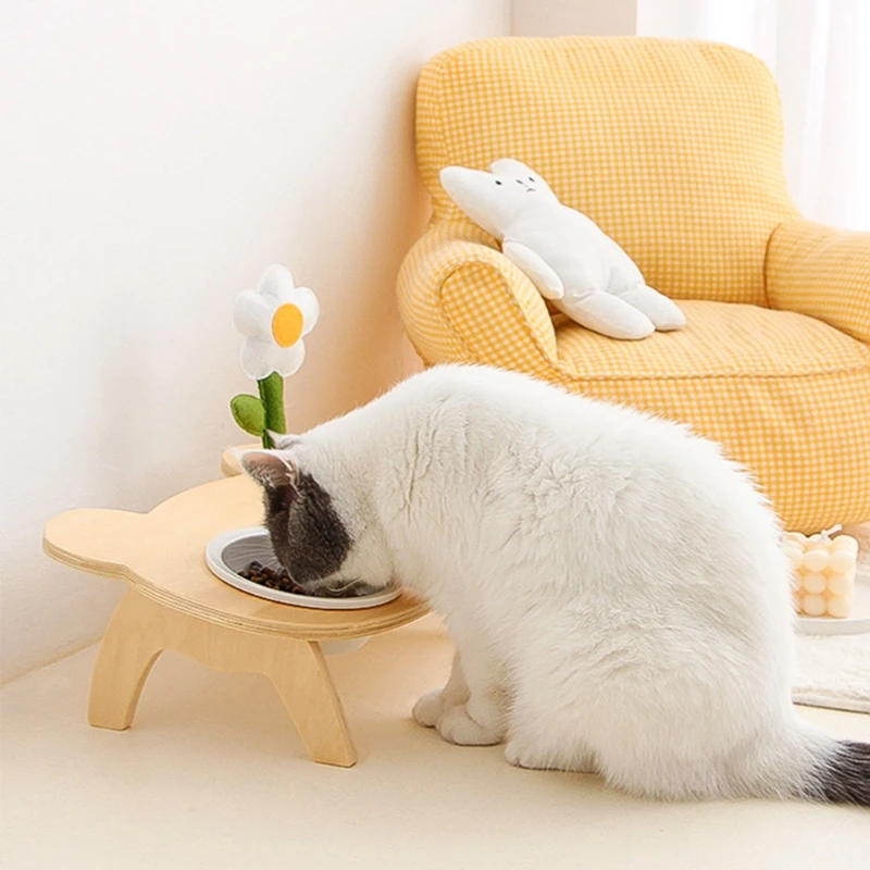 

Pet Elevated Ceramic Bowl Feeder with Raised Anti-Slip 10 Tilted Wood Station Cats Dogs Food Drinking Feeding Dispenser