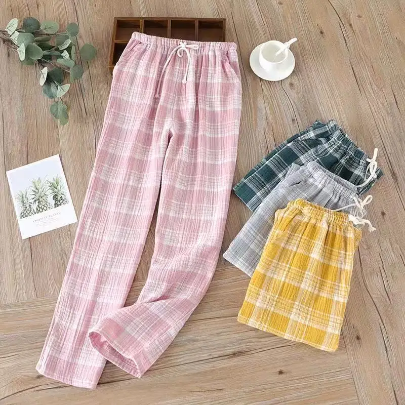 

Sleep Bottoms Women Plaid Cotton Comfortable Breathable Couples Korean Style Loose Home Thin Pajama Pants Sleepwear Plus Size
