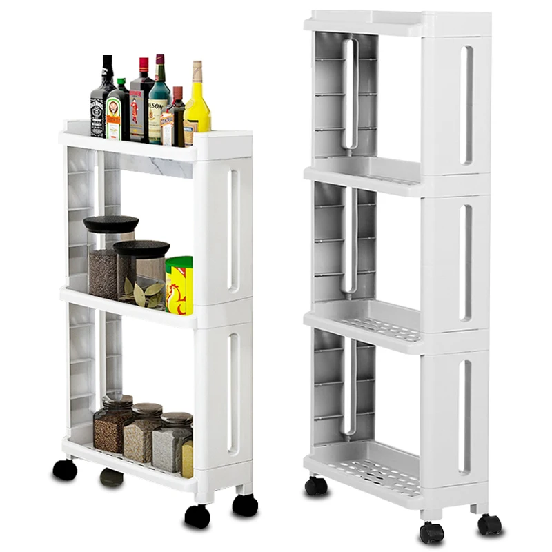 

Kitchen Storage Rack With Wheels 2/3/4 Layers Narrow Slotted Shelf Fridge Side Shelf Rotatable Kitchen Bathroom Organizer