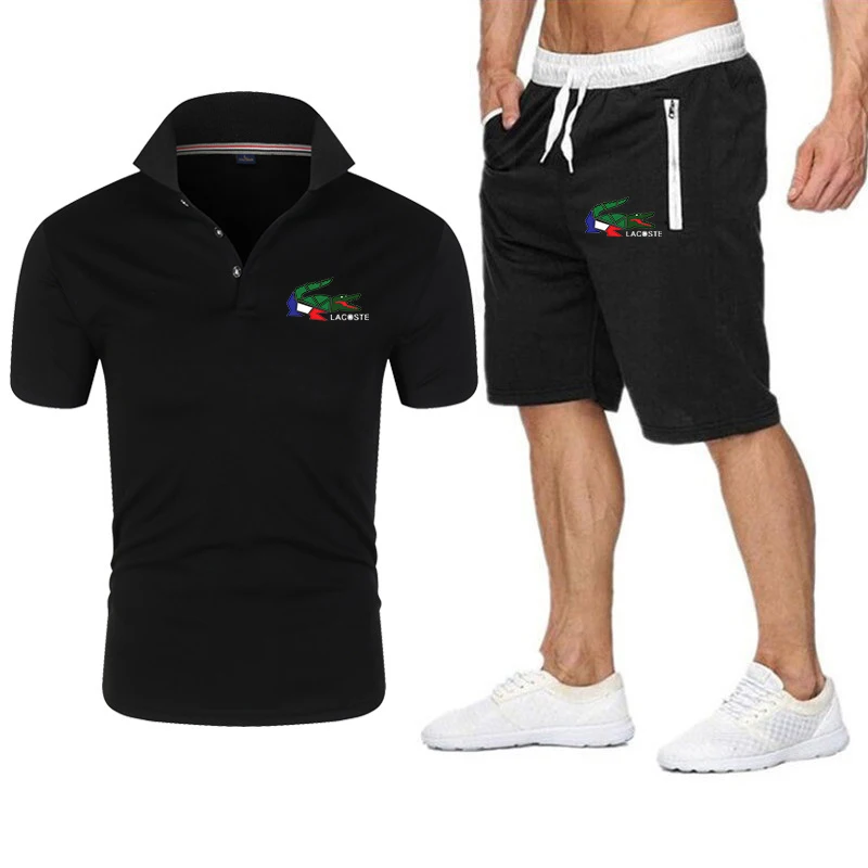 

2021 New Men's Summer Casual Polo Suit 2 Pieces Shorts + Polo Shirt Business Formal Wear Fashion T-Shirt Hip Hop Top Brand Logo