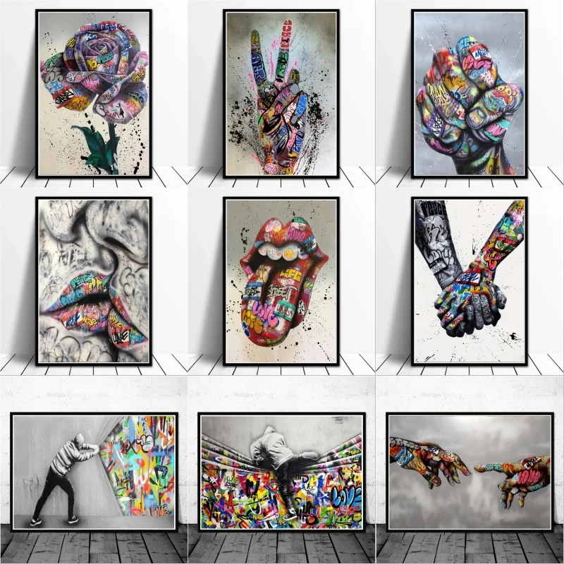 

Large Size Pop Street Artwork Abstract Hands and Lips Paintings Print on Canvas Modern Graffiti Art Pictures for Home Room Decor