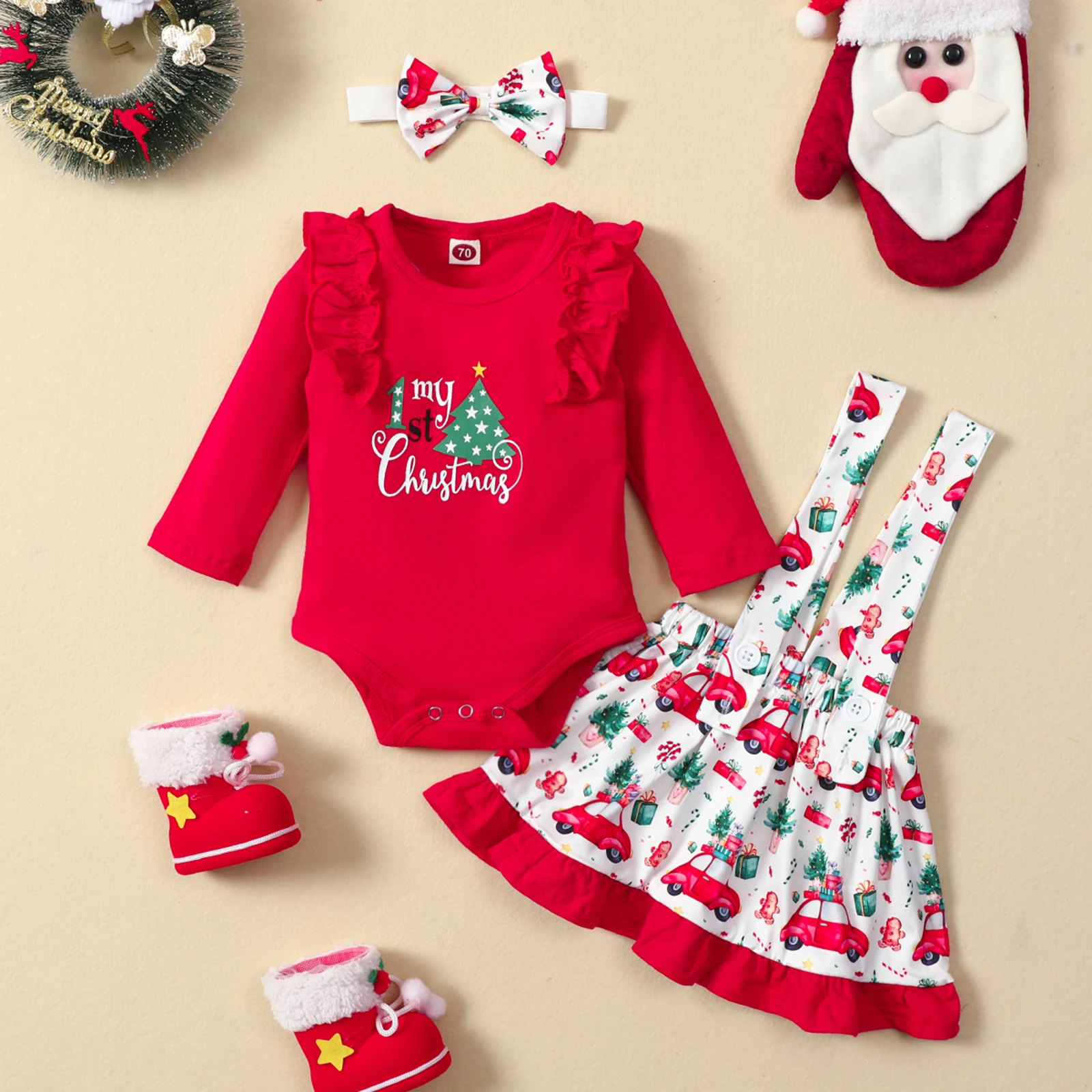 

Ma&Baby 0-24M My 1st Christmas Newborn Baby Girl Red Clothes Set Letter Romper Ruffles Car Print Skirts Outfits Xmas Costume