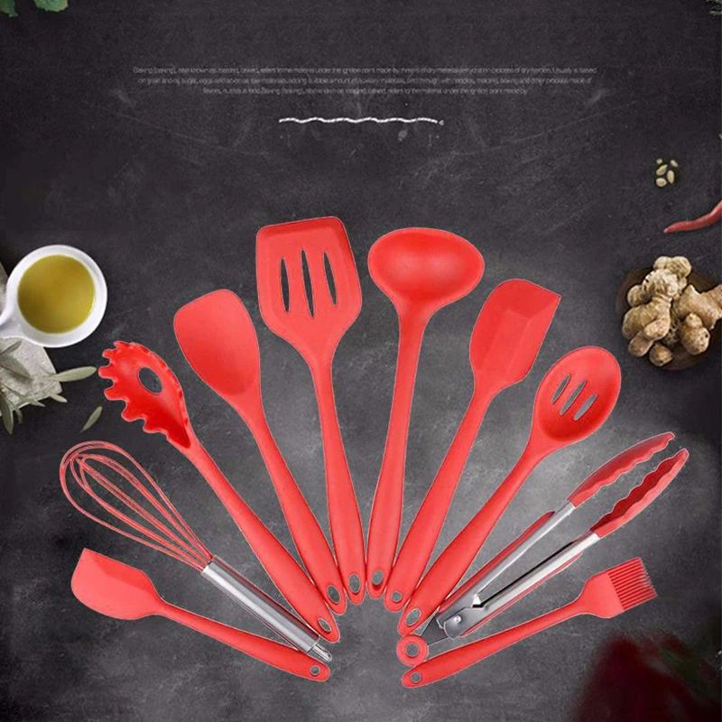 

Silicone Cooking Utensils Kitchen Utensil Ten piece Set Wooden Handles Cooking Tools For Nonstick Cookware Silicone Kitchenware