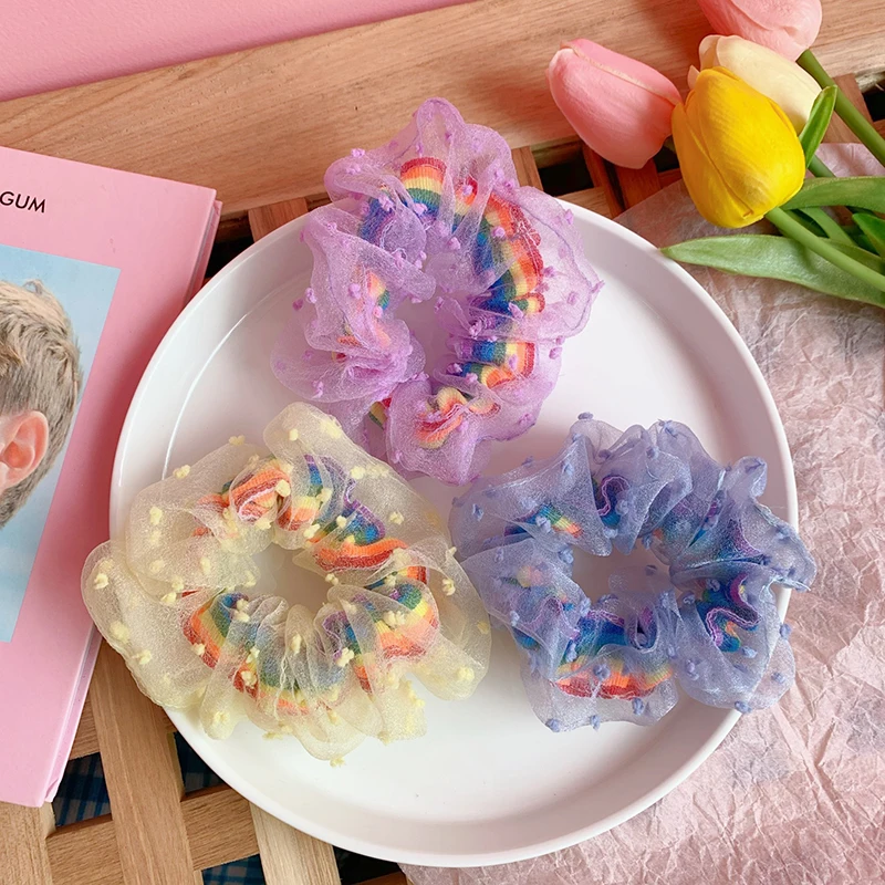 

Summer Elastic Mesh Scrunchie Rubber Band Kawaii Lace Rainbow Dot Star Ponytail Holder Hair Ring Rope Organza Hair Accessories