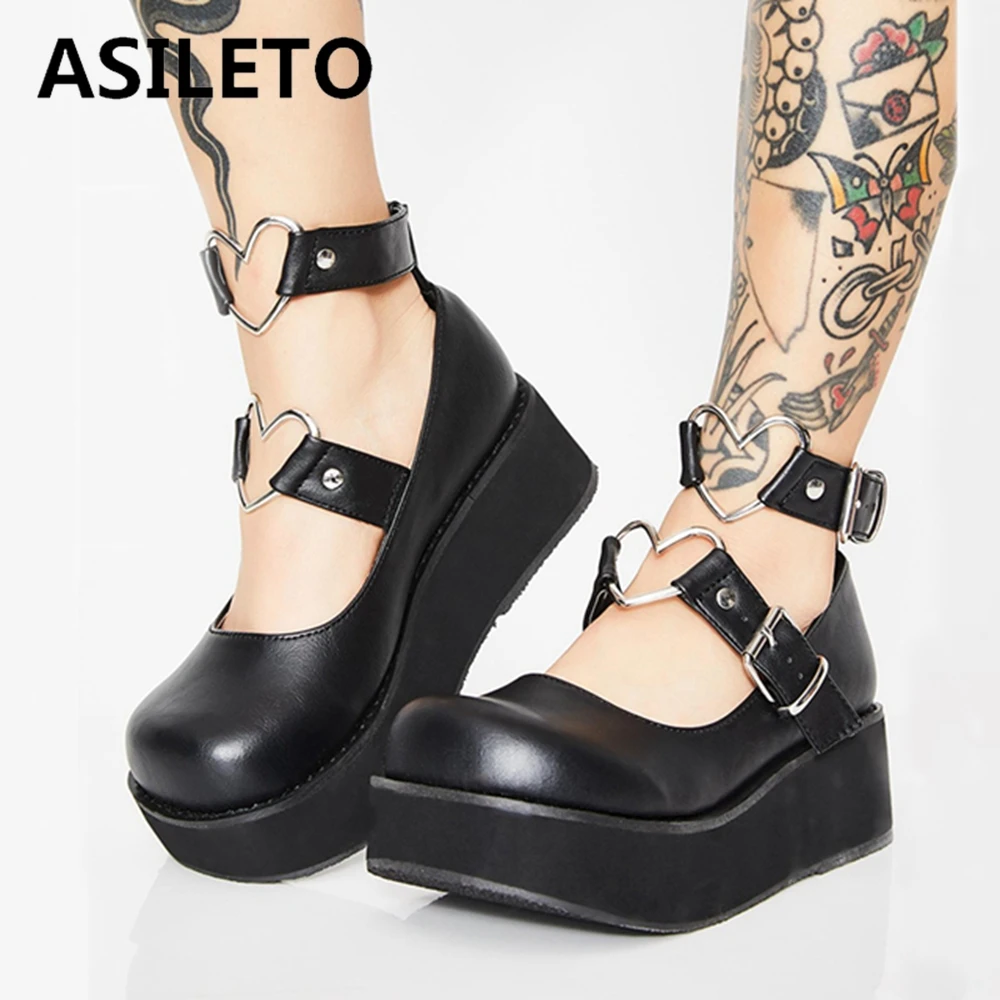 

ASILETO New 2021 Ladies Pumps Round Toe Thick Bottom Buckle Heart Stylish Punk Cute Bowtie Big Size 35-43 Party Pink B2363