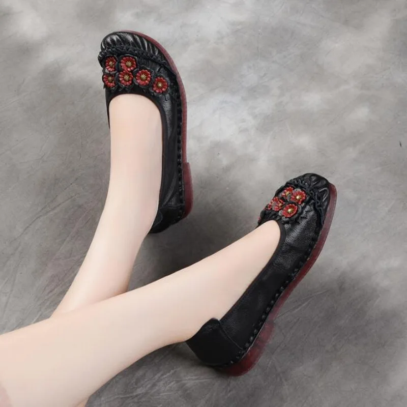 2021 Women Loafers Genuine Leather Flat Heels Flower Round Toe Handmade Shoes Soft Comfortable Platform Ladies Shoes