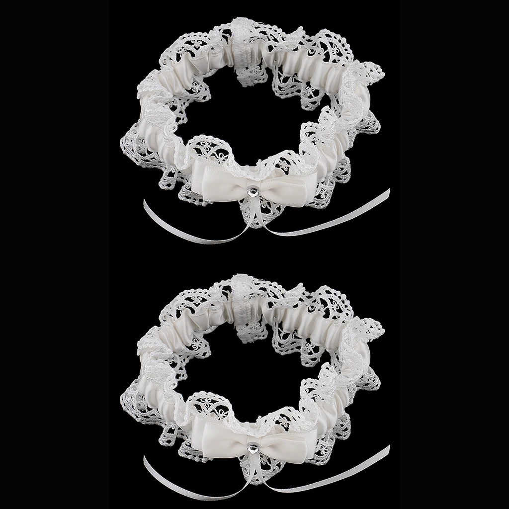 

2pcs Delicate Beige Lace Floral Crystal Bowknot Wedding Garters Costume Prop