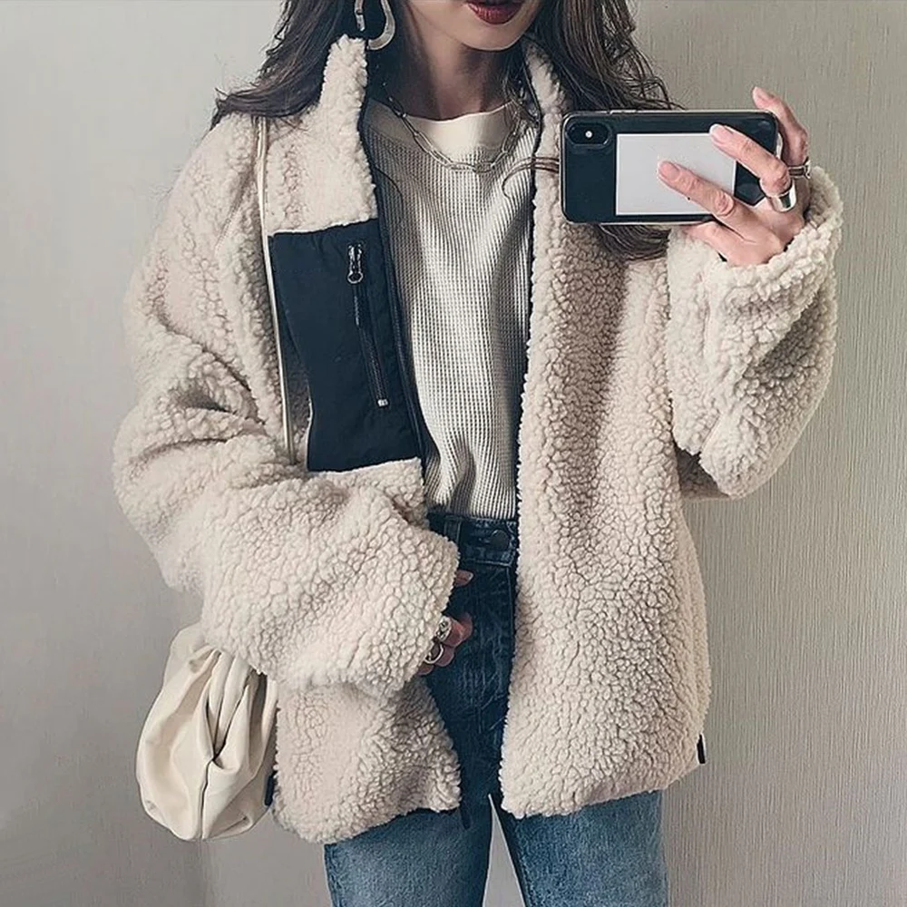 

Women Color Block Jacket Fall Winter Casual Loose Warm Tops Fashion Outwear Overcoats Office Lady Korean Student Girl Clothing