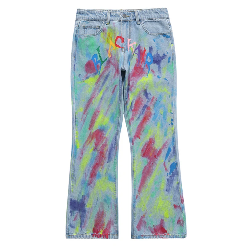 

Graffiti Hand Painted Frayed Denim Pants High Street Oversize Straight Zipper HipHop Loose Jeans Homme Washed Retro Denim Jeans