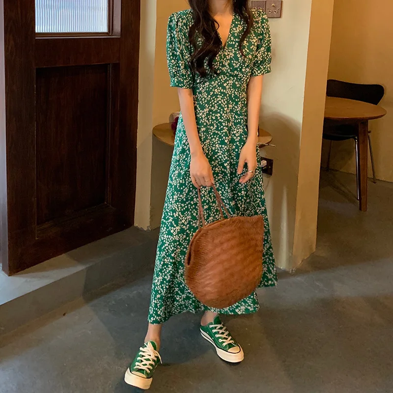 

2021 Print Chic French Long Dress Party Summer Vintage Casual Female Dresses Sexy V-neck Boho Beach Sundress Clothing for Women