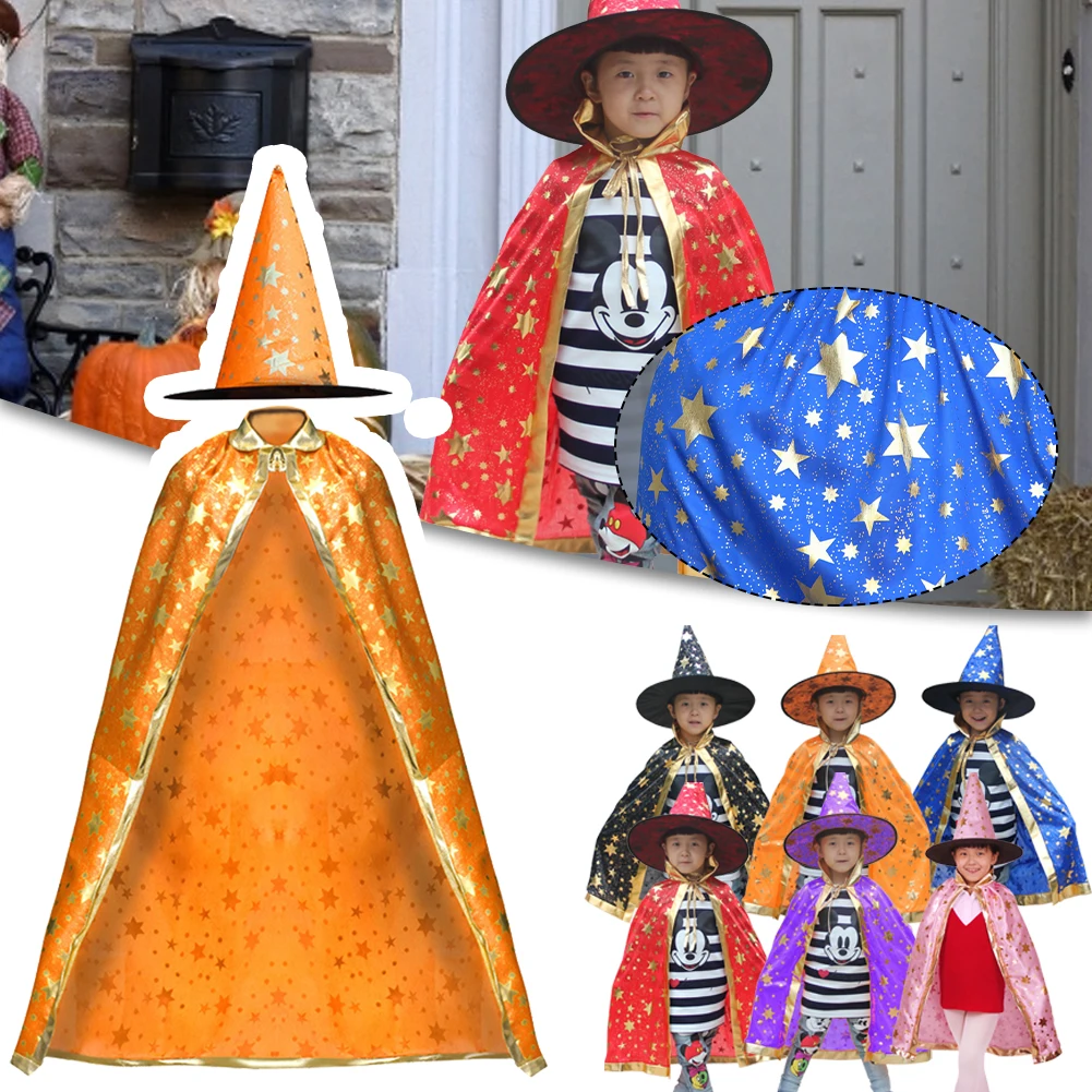 

Children Halloween Costumes Wizard Witch Cloak Cape Robe With Pointy Hat Girls Boys Cosplay Kids Birthday Party Supplies