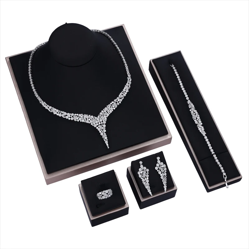 

New luxury Zircon Micro Pave Set Necklace Earrings Bracelet four-piece Women Weeding Jewelry Set Bijoux Femme