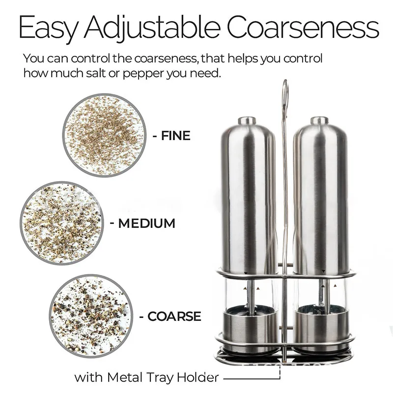 2PCS Pepper mill Электрическая мельница для перца, соль и шлифовальная машина, набор с подставкой из нержавеющей стали, светодиодный светильник, регулируемая батарея, керамическая Автоматическая шлифовальная машина для соли - Цвет: 2PCS Pepper mill