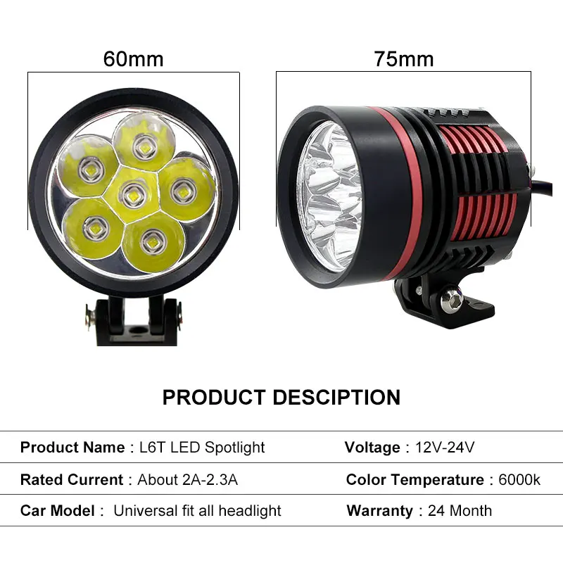 2 шт. L6T мотоциклетная фара 60 Вт 12000LM LED для езды на мотоцикле прожектор