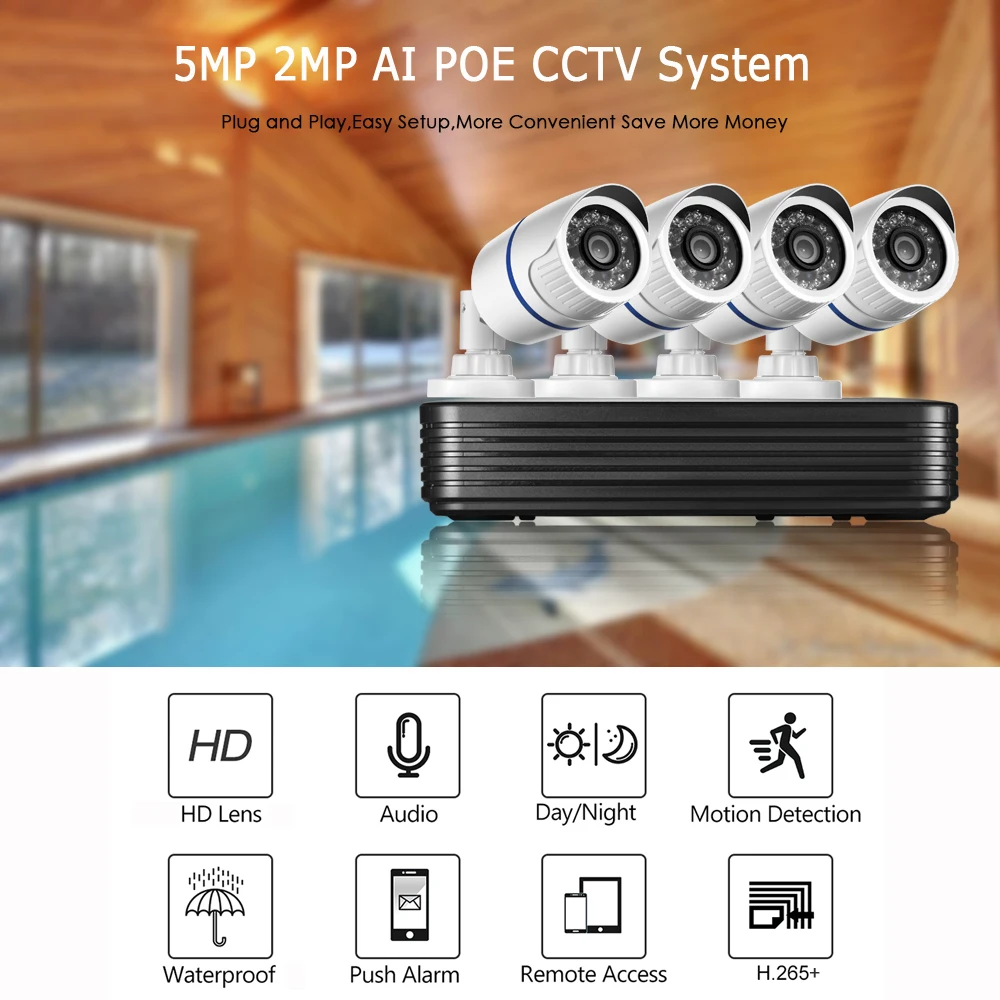 Цена Система видеонаблюдения AZISHN, 4 канала, NVR, 5 Мп, POE, H.265