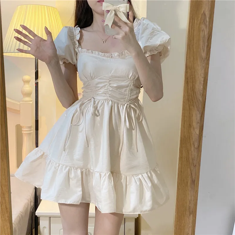 

Summer Solid Kawaii Dress Female High Waist Patchwork Party Korean Dress 2021 Women Japanese Princess Puff Sleeve Sweet Dresses