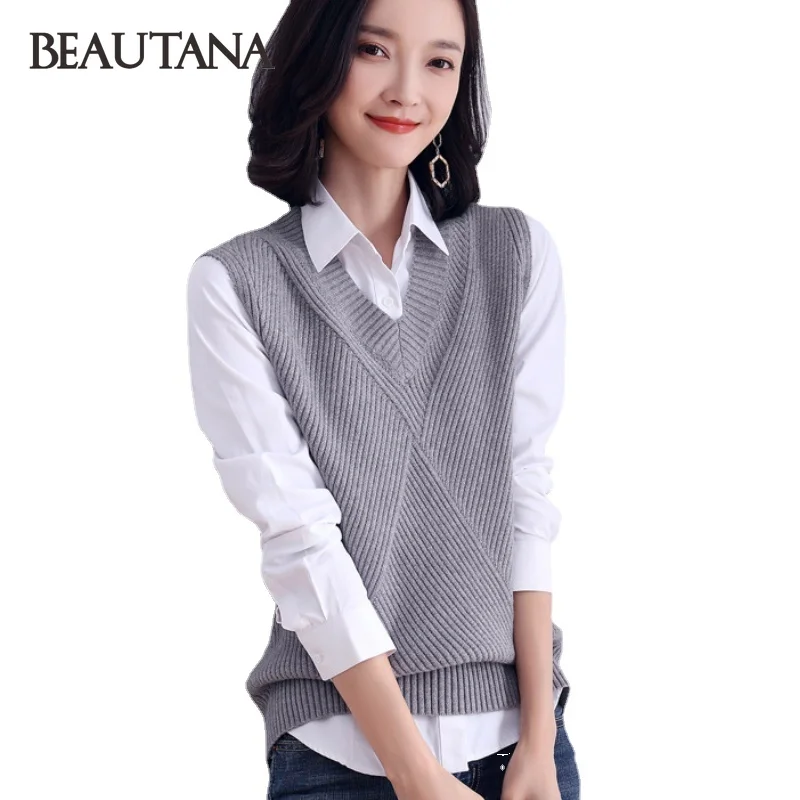 

BEAUTANA Knitted Sweater Vest for Women 2021 Autumn Solid V Neck Pullover Student Korea Slim Chic Knitting Yarn Ribbed Tank Top