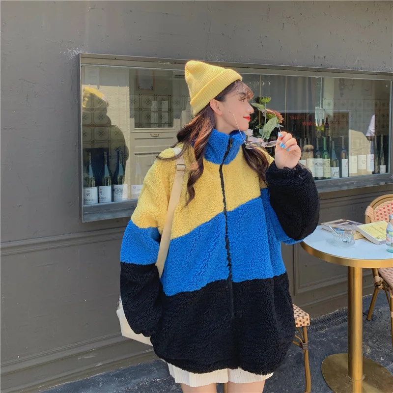 

Autumn and winter new style loose and thin western style all-match color matching zipper high collar lamb velvet jacket women