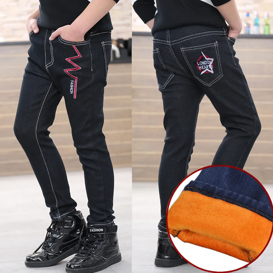 Зимние джинсы для мальчиков плотные флисовые штаны Детские теплые зимние с