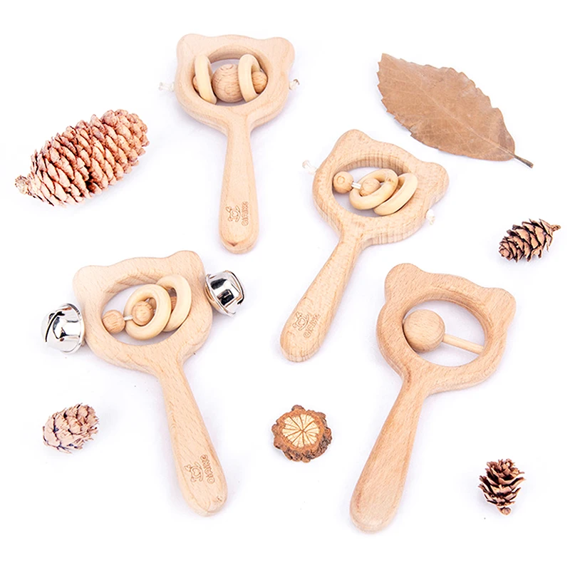 Wooden Rattle Beech Bear Hand Teething Ring Baby Rattles Play Stroller Home Toy