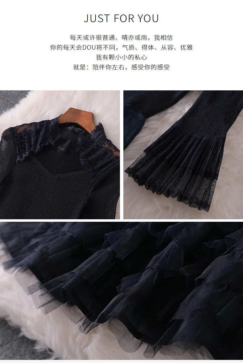 Women fashion autumn winter ruffles dress lace inset falre sleeve fit and flare cute dresses new blue