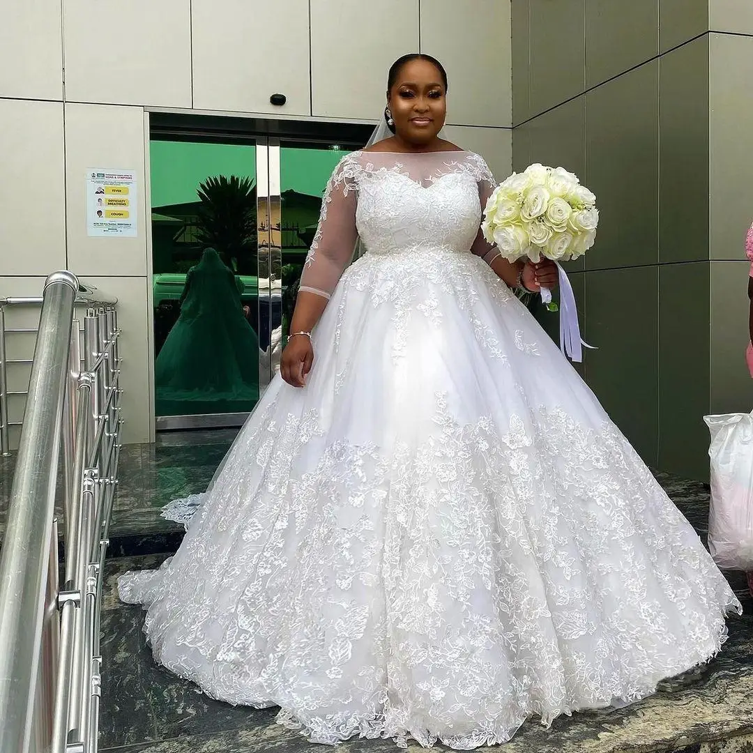 

Линия размера плюс кружевные свадебные платья Свадебные платья Тюль вырез одежда с длинным рукавом свадебные платья развертки поезд Тюль х...