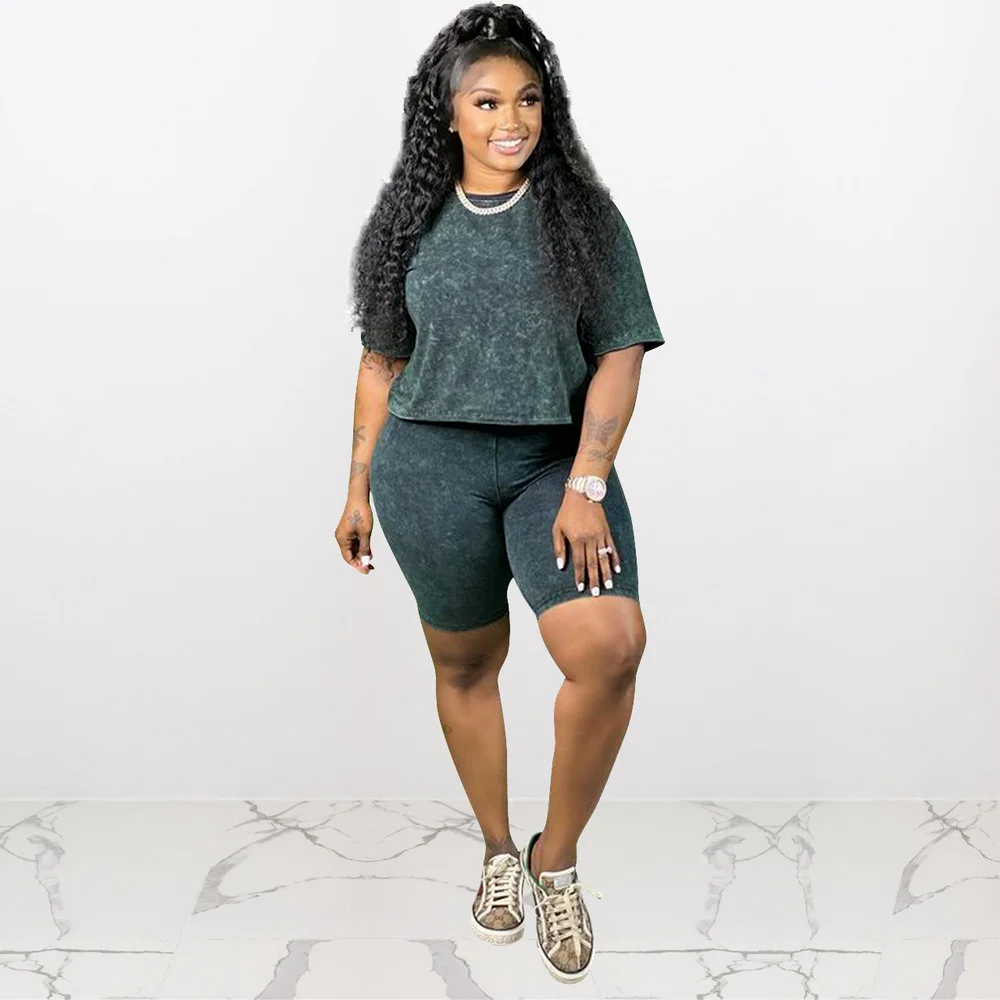 

Женский спортивный костюм из двух предметов, свободная футболка с круглым вырезом и коротким рукавом + облегающие велосипедные шорты, одежд...