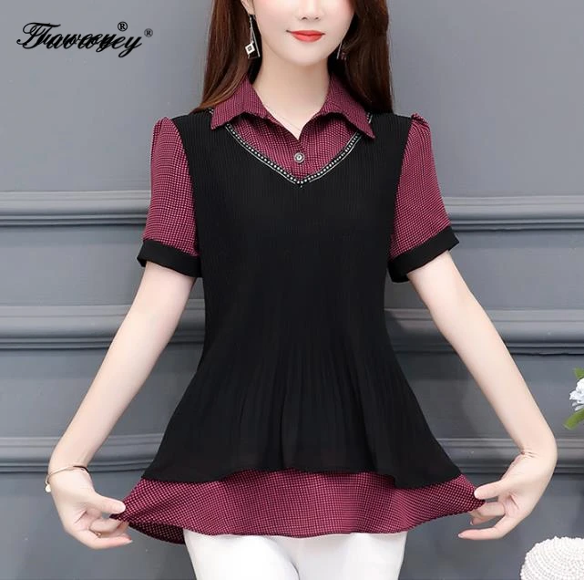 5XL Мода 2019 элегантная шифоновая блузка рубашка женские Топы с коротким рукавом