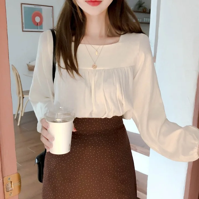 Осенние базовые рубашки блузки Женская винтажная Повседневная Блузка с длинным