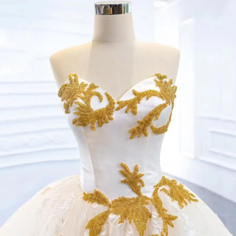 Elegant Ball Gown Wedding Dress Long Train Gold Beads Lace Wedding Gown Bridal Sweetheart Neck Lace Up Back
