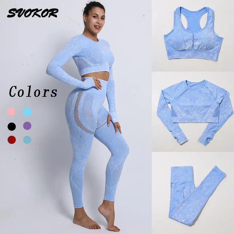 

SVOKOR 3Pcs Sports Suit Women Seamless Sportswear Workout Fitness Women Outfits Hollow Printed Gym Clothing Yoga Set