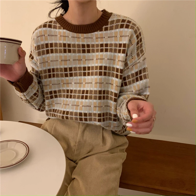 

Geometric Pattern Women's Sweaters Oversize Long Sleeve Vintage Warm Female Pullovers 2021 Spring Autumn Sweet Ladies Sweater