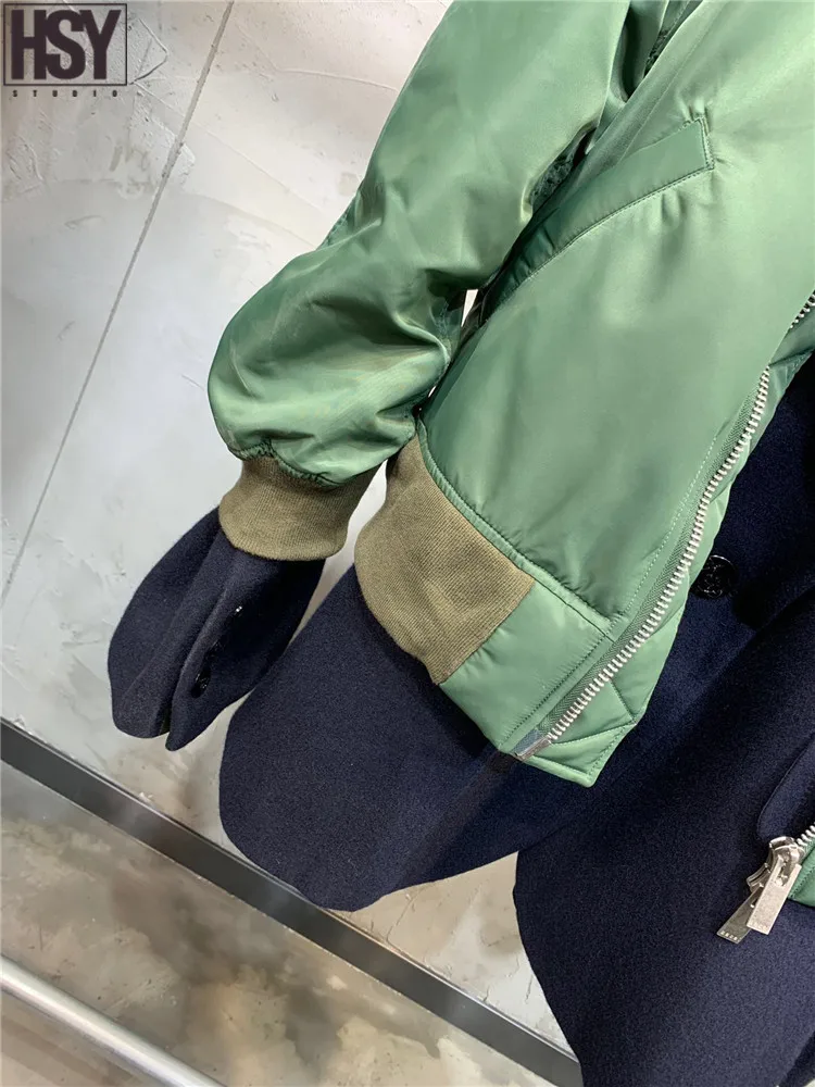 【HSY】 осень зима новые женские поддельные двухсекционные пальто короткая куртка на молнии Лоскутная куртка с длинными рукавами и отворотом 2 цвета