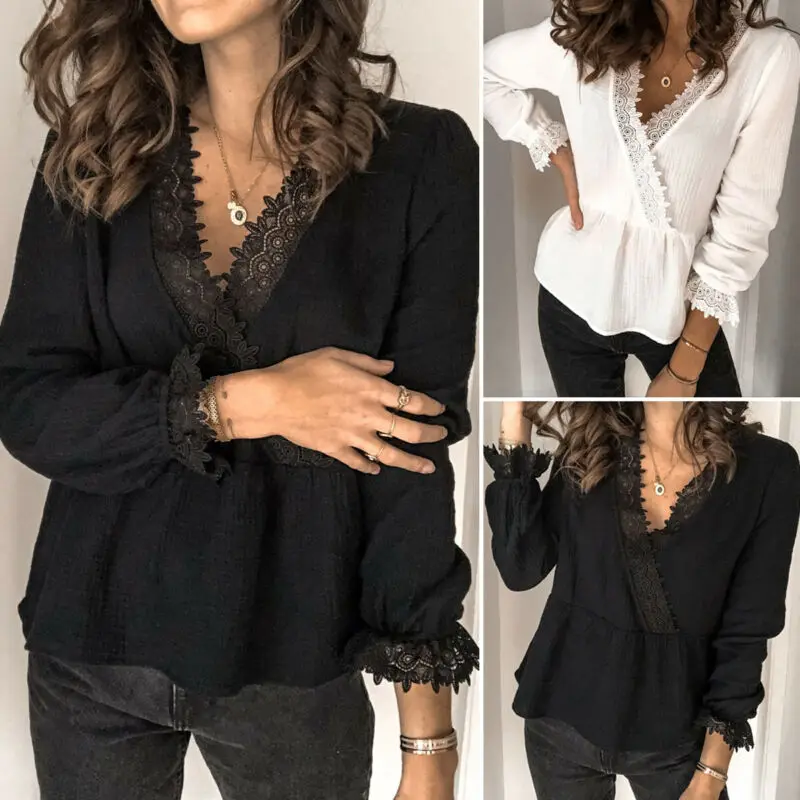 

2020 Womens Long Sleeve V-neck Tops Casual Solid Black White Basic Blouse Shirt Tee Loose blusa feminina