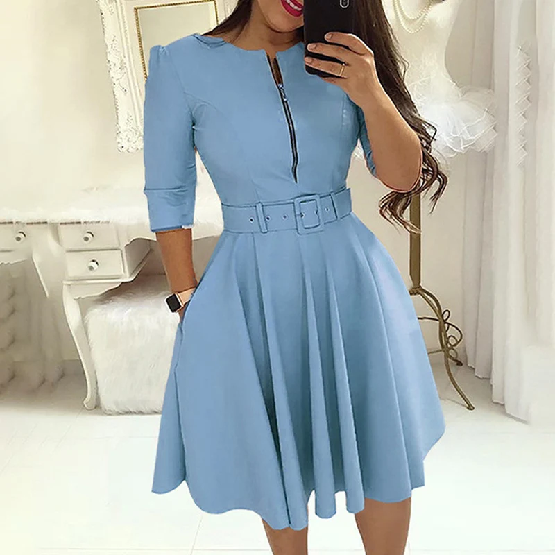 Женское платье сексуальное винтажный стиль круглый воротник молния талия